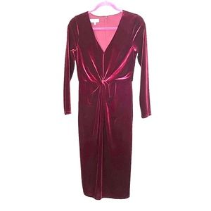 Hobbs England v-neck front knot long sleeve red velvet mid length dress.…